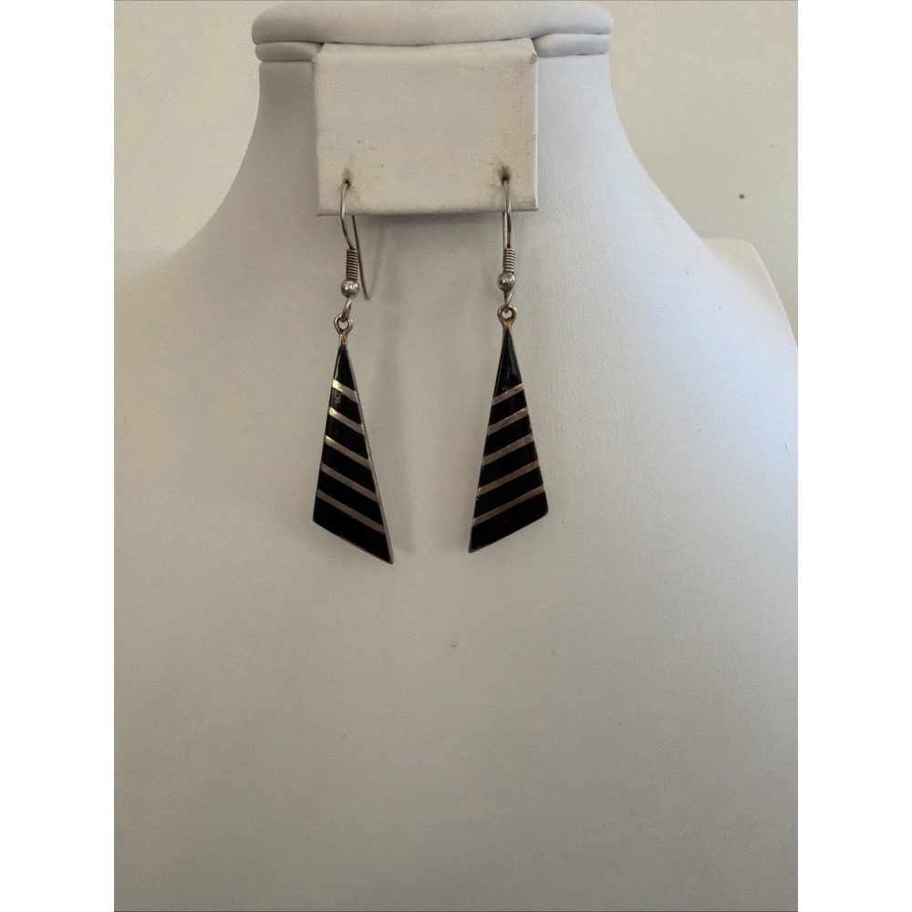 Vintage Silver Dangle Earrings With Black Enamel Alpaca